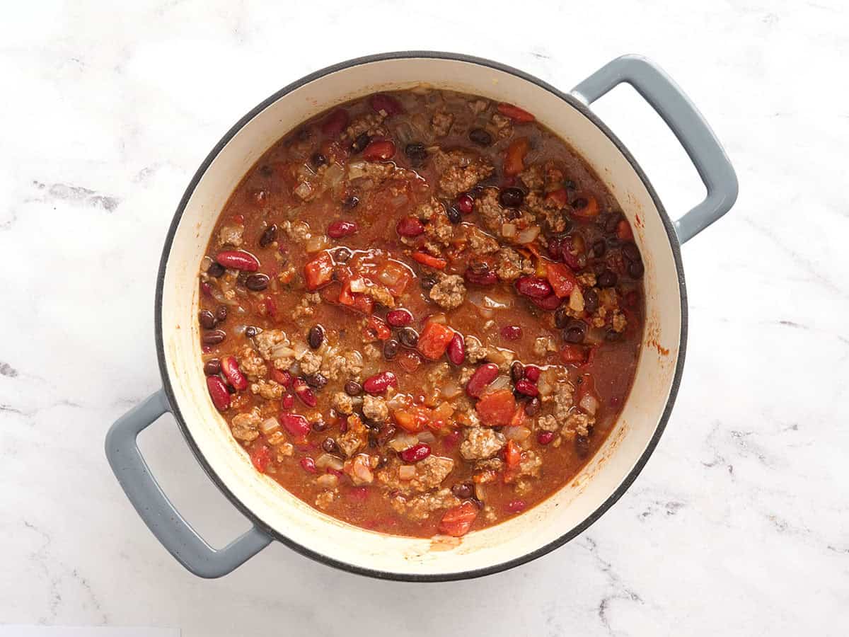 Homemade chili in a pot before simmering.