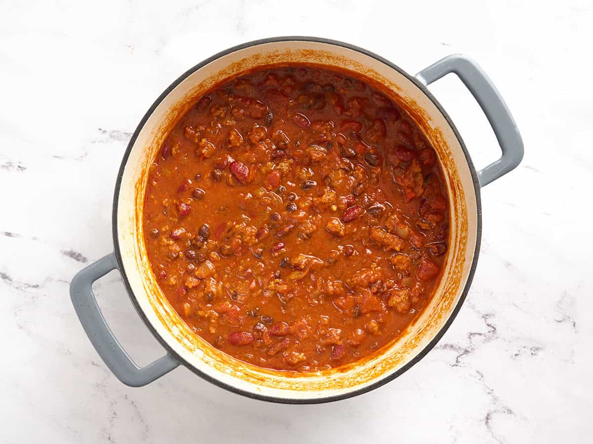 Homemade chili in a pot after simmering.