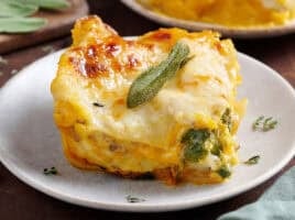 Side view of a slice of butternut squash lasagna.