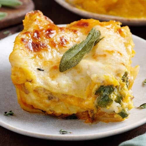 Side view of a slice of butternut squash lasagna.