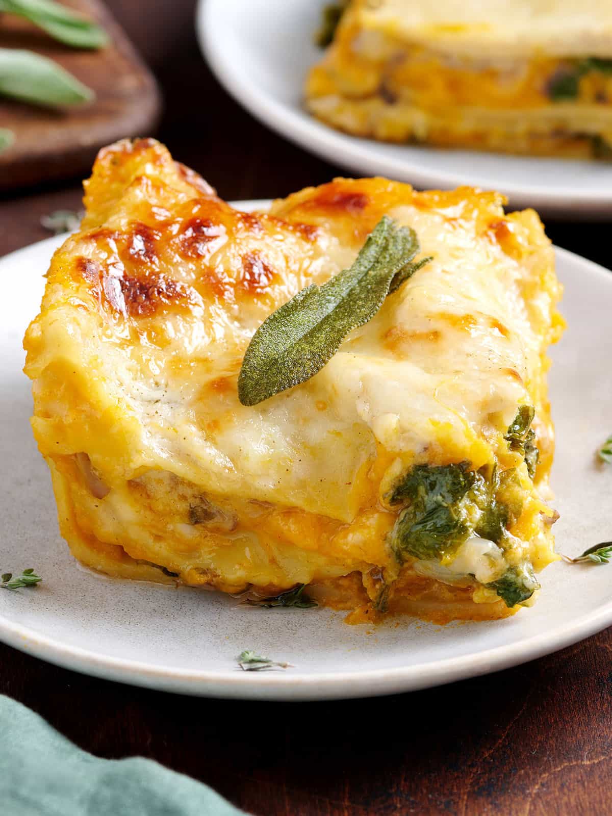 Side view of a slice of butternut squash lasagna.