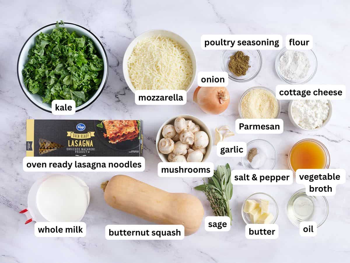 The ingredients to make butternut squash lasagna with labels.