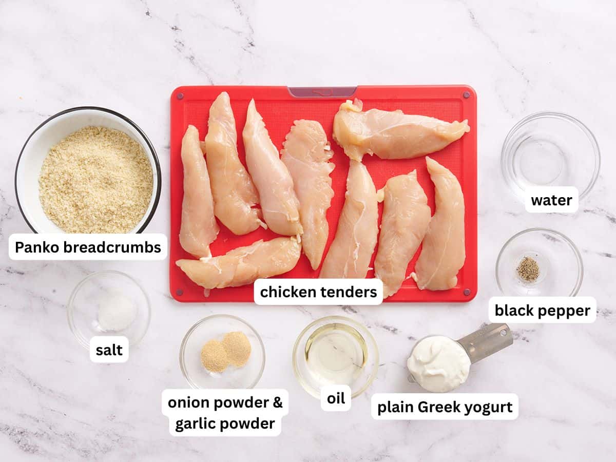 The ingredients to make oven baked chicken tenders with labels.