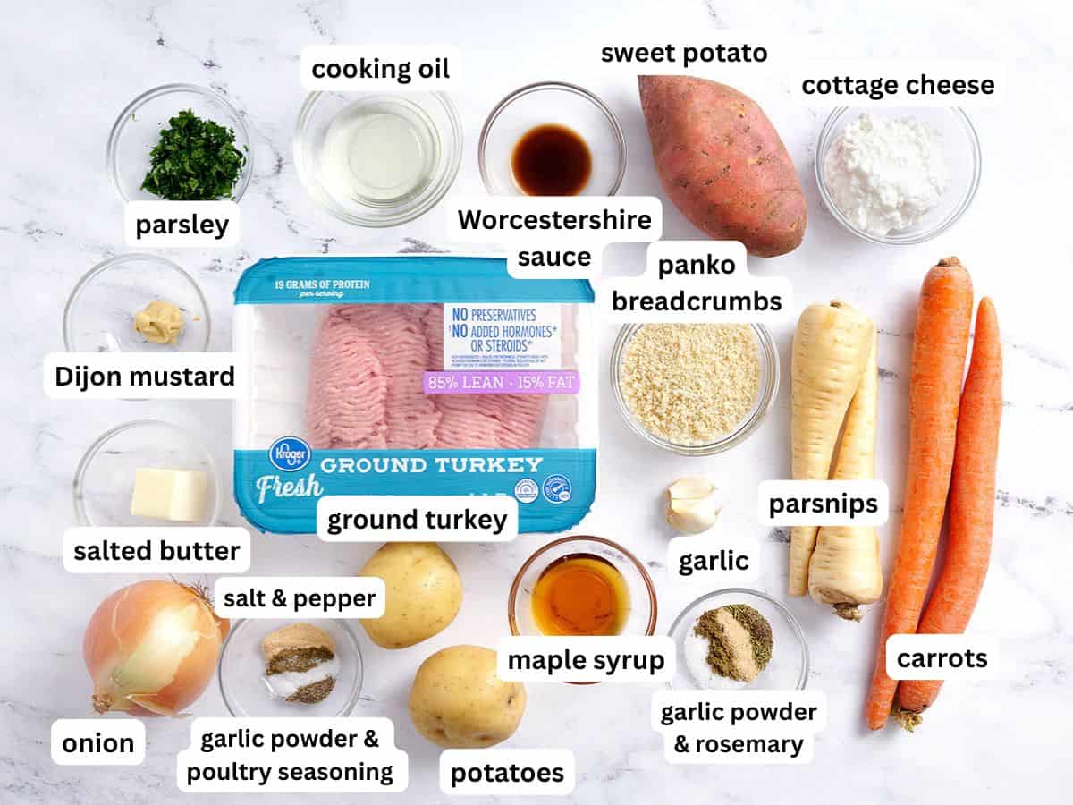 Ingredients to make sheet pan meatballs with root vegetables with ingredients labels.