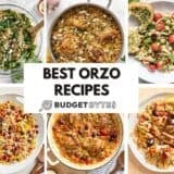 A collage of orzo recipes.